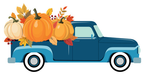 Blue pickup truck with colorful fall pumpkins. Happy Thanksgiving, Harvest season design. Vector illustration. Isolated on white background. - obrazy, fototapety, plakaty