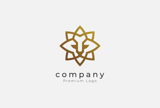 Lion Head Logo Design, lion head and star combination with gold colour, vector illustration