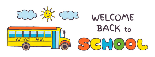 Doodle Back to School banner with smiling sun and yellow school bus. Hand drawn letters. Png clipart isolated on transparent background