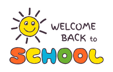 Doodle Back to School banner with smiling sun. Hand drawn letters. Png clipart isolated on transparent background