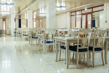 dining area in the sanatorium saryagash shymkent. place for eating in a medical institution - obrazy, fototapety, plakaty