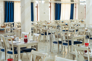 dining area in the sanatorium saryagash shymkent. place for eating in a medical institution - obrazy, fototapety, plakaty