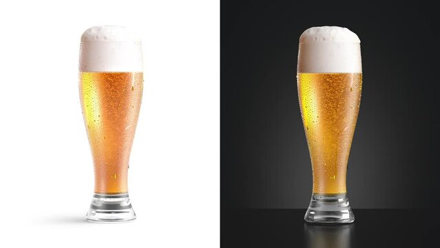 Transparent beer glass mockup, looped rotation, isolated and dark background