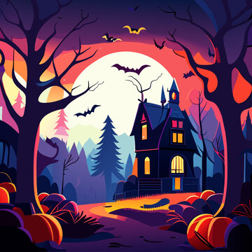 Halloween night background with haunted house, bats and pumpkins. Vector illustration