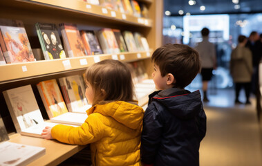 Two children looking attentively at the books in a bookstore, interested in reading, back to school concept
