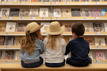Three children sitting in a bookstore, looking at shelves filled with books, and talking about the books,back to school concept © SnapVault
