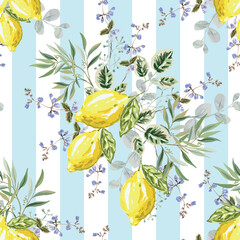 Lemon fruits,  green leaves, striped background. Floral illustration. Vector seamless pattern. Botanical design. Nature summer garden plants. Romantic italian arrangement - 626927272