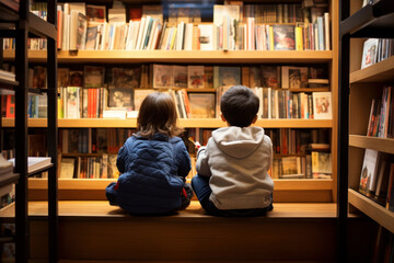 two children sitting in a bookstore, looking at shelves filled with books, and talking about the books, back to school concept - obrazy, fototapety, plakaty