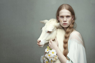 Anorexic beautiful soft and tender long hair blonde young woman in casual white cloth with flower caressing head of white bull and looking at camera against dark grey background 