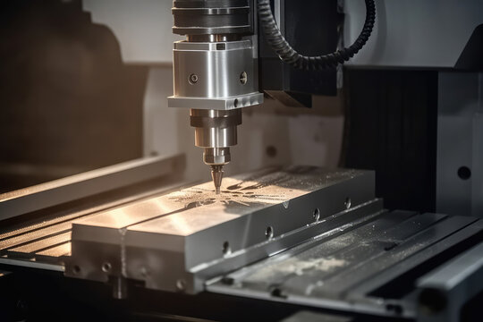 Metalworking CNC milling machine. Cutting metal modern processing technology. banner with copy space, generative AI	
