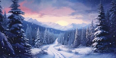 AI Generated. AI Generative. Nature outdoor wild winter snow forest mountain tree landscape. Adventure trip explore hiking vibe. Graphic Art