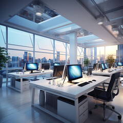 Fototapeta na wymiar Modern office interior with desks computers and window