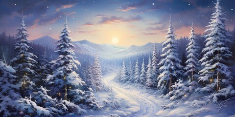 AI Generated. AI Generative. Nature outdoor wild winter snow forest mountain tree landscape. Adventure trip explore hiking vibe christmas new year view
