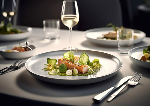 Fine dining chefs exclusive dish with cold white wine on table in restaurant.AI Generative.