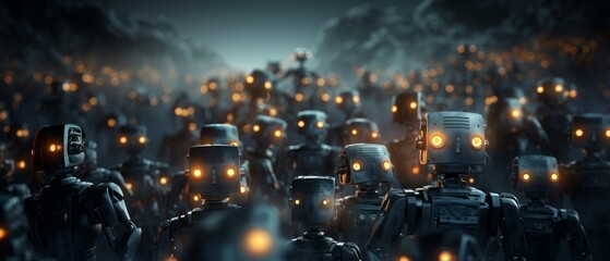 Robot army in dark style. Generative AI