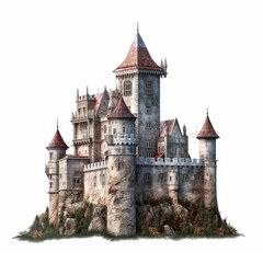Naklejka premium A historic Germanic castle with distinctive architecture and turrets, symbolizing a regal European kingdom, isolated on a white background, generative ai