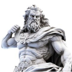 Detailed stone sculpture of Zeus, powerful god from Greek mythology, isolated on a clean white background, generative ai