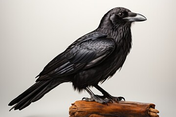 Closeup image of a majestic black raven, showcasing intricate feather details, a symbol of mystery in nature, generative ai