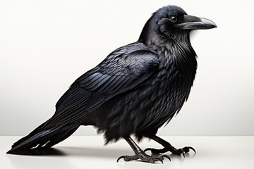 Fototapeta premium Closeup image of a majestic black raven, showcasing intricate feather details, a symbol of mystery in nature, generative ai