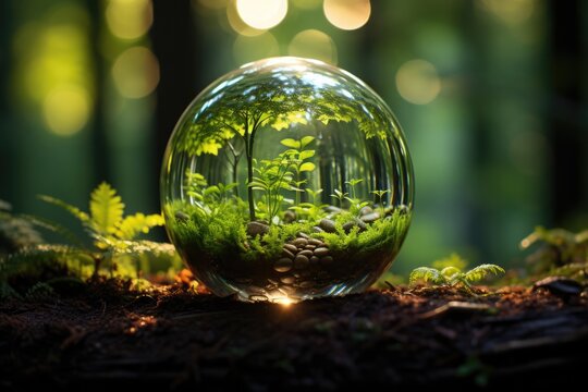 Glass globe encircled by verdant forest flora, symbolizing nature, environment, sustainability, ESG, and climate change awareness, generative ai