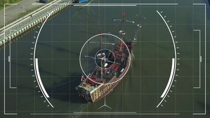 Aerial Drone Vision of Galleon Ship Swimming on a River
