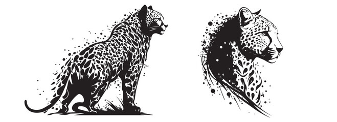 Cheetah head black and white vector. Silhouette head of cheetah illustration. - obrazy, fototapety, plakaty