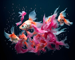 A school of neon pink fish in an aquarium, dark blue background. Creative tropic inspired layout.