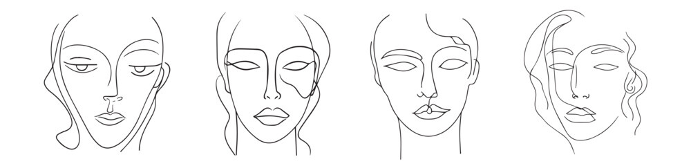 Linear drawing of a female face vector illustration on a white background. Scary human skull.