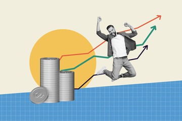 Photo artwork creative collage of funny young businessman jumping carefree celebrate his funds...