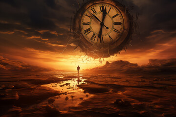 Man infront of huge clock. Time passing, time importance, destiny concept. AI generative, illustration.