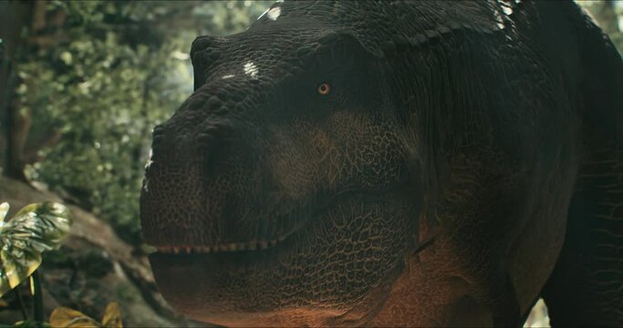 Tyrannosaurus walks through the Jurassic jungle. The Age of Dinosaurs. T-rex hunting. 3D rendering
