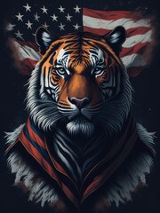 Illustration of a majestic tiger adorned with an American flag scarf