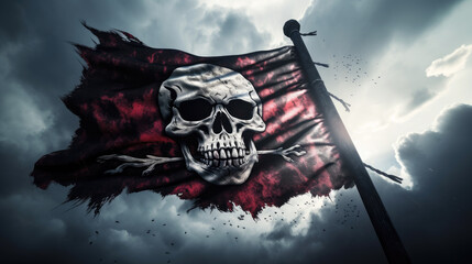 Pirate flag with skull and bones waving in the wind, cloudy sky background, jolly roger symbol, dark mysterious hacker and robber concept