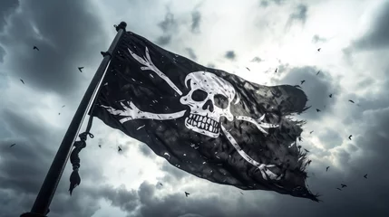 Photo sur Plexiglas Navire Pirate flag with skull and bones waving in the wind, cloudy sky background, jolly roger symbol, dark mysterious hacker and robber concept