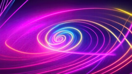 Obraz premium Abstract futuristic background with pink, blue and yellow glowing neon, spiral lines and bokeh