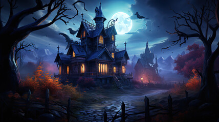Haunted House Full Moon, Bright color. Generative Ai