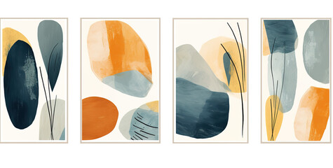 four abstract paintings hanging on a wall with different shapes  