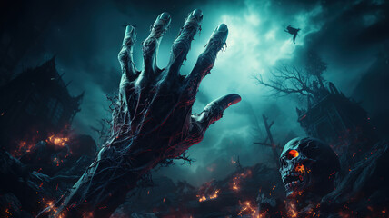 Fototapeta na wymiar Zombie hands rise in halloween. Generative Ai