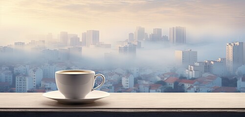 Modern lifestyle in city. Empty table by window. Relaxing coffee break. Refreshing workspace