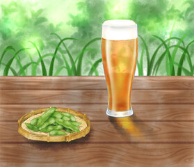 Beer glass and green soybeans placed on the porch drawn with digital watercolor