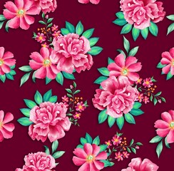 Watercolor flowers pattern, red tropical elements, green leaves, red background, seamless