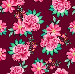 Behang Watercolor flowers pattern, red tropical elements, green leaves, red background, seamless © Leticia Back