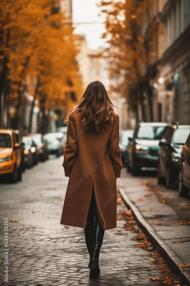 Wall mural Lonely young woman walking and wearing long brown fancy autumn coat. Autumn casual fashion street style. Back view