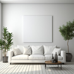 Minimal Living room with Comfy sofa and cushion design, white blank wall, afternoon, bright, digital, AI Generated