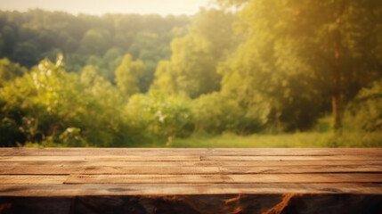 Naklejka na ściany i meble Empty wooden table for product display montages with blurred forest background.