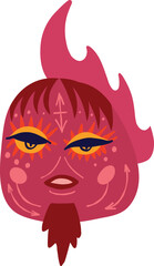 A funny red bird with a strange muzzle and an ethnic pattern. Illustration in a modern children's hand-drawn style