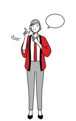 スマホを操作する赤い法被を着た販売員のシニア女性