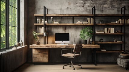 Industrial-style home office with a reclaimed wood desk Design, a metal bookshelf, AI Generated