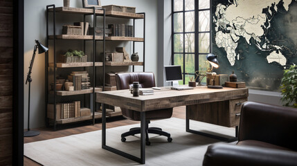 Industrial-style home office with a reclaimed wood desk Design, a metal bookshelf, AI Generated