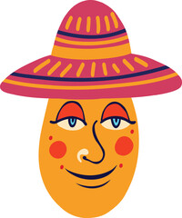 funny kind character in Mexican hat. Strange ugly Halloween character. Cute bizarre comic demon in modern flat hand drawn style